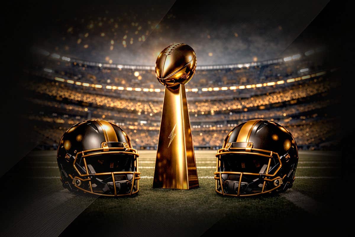 A football stadium at night with gold lights twinkling. Two black football helmets and a gold trophy are shown at the 50 yard line.