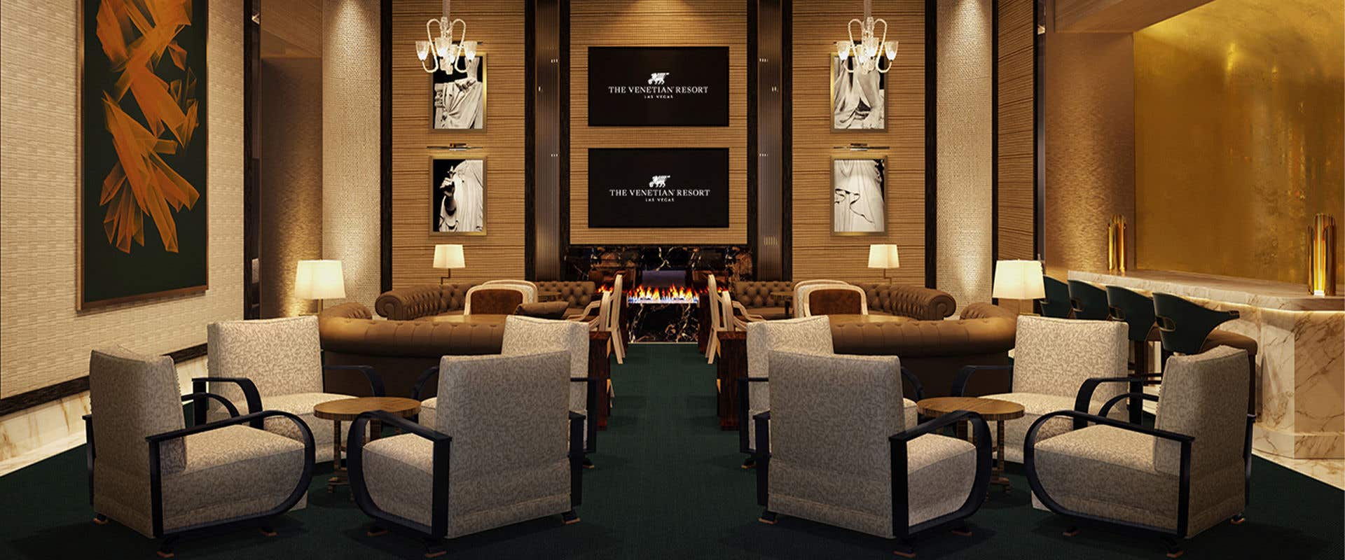 A room with ambient lighting, table, chairs, couches, and a fireplace.