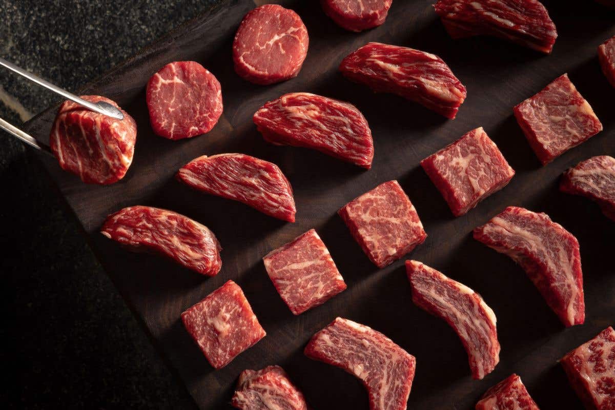 Different cuts of raw meat lined up on a table.  